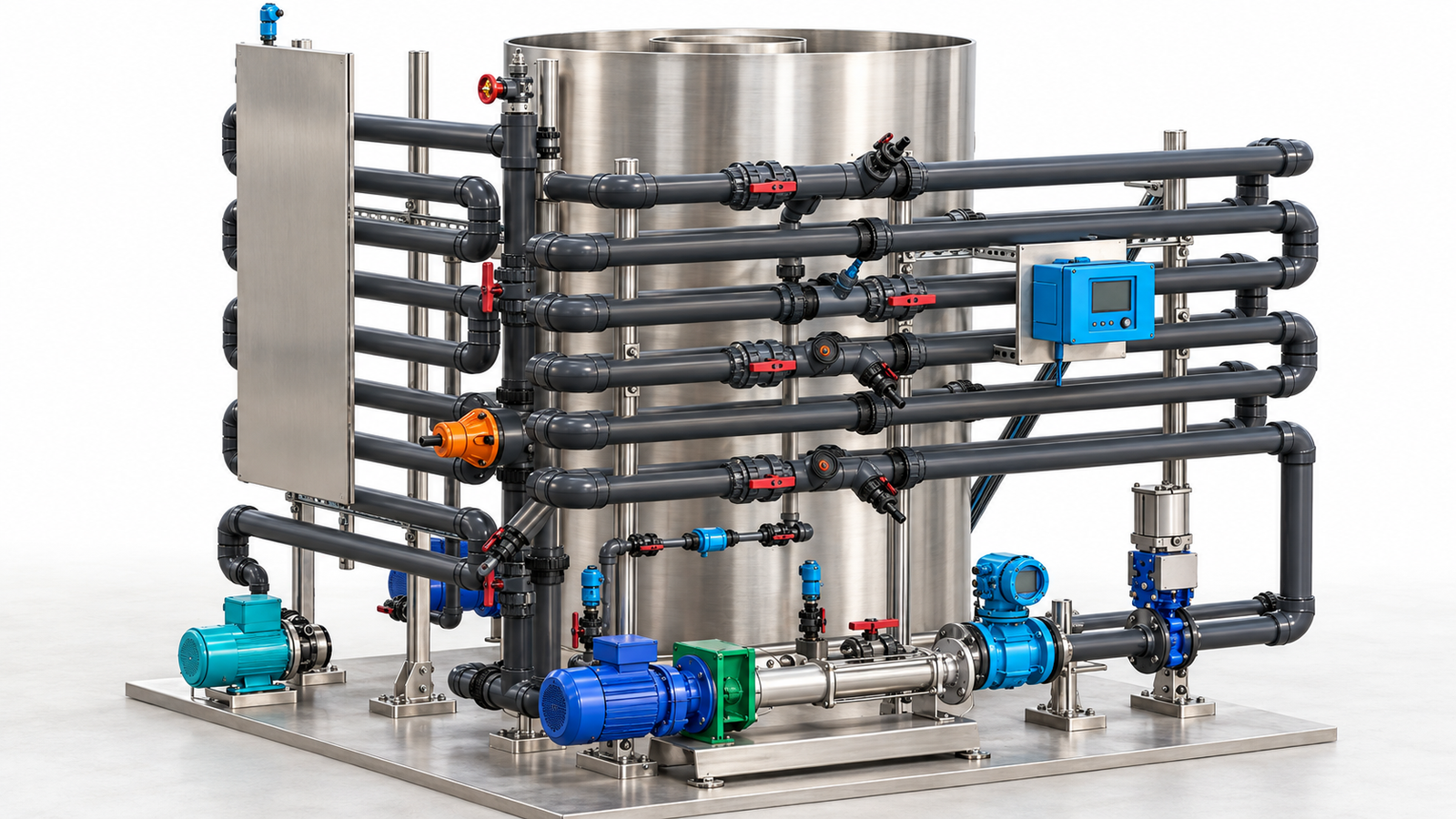 Render técnico del sistema DAF circular con skid de proceso y conexiones